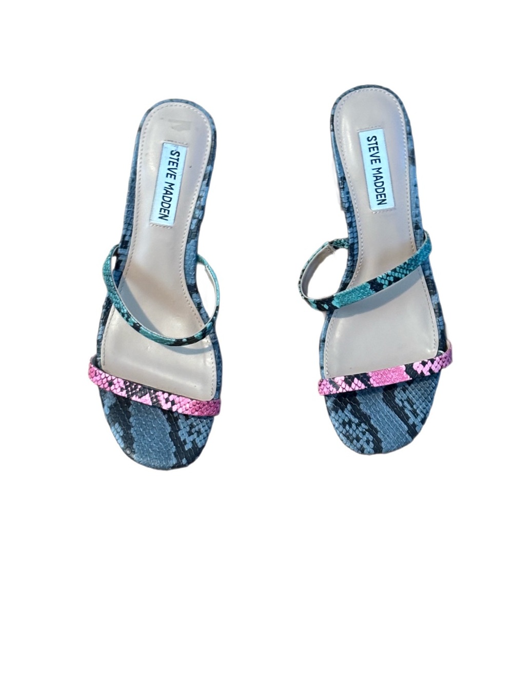 Steve Madden Issy Multi Color Snake Print Slide Sandals Heels Size 7.5 US EUC